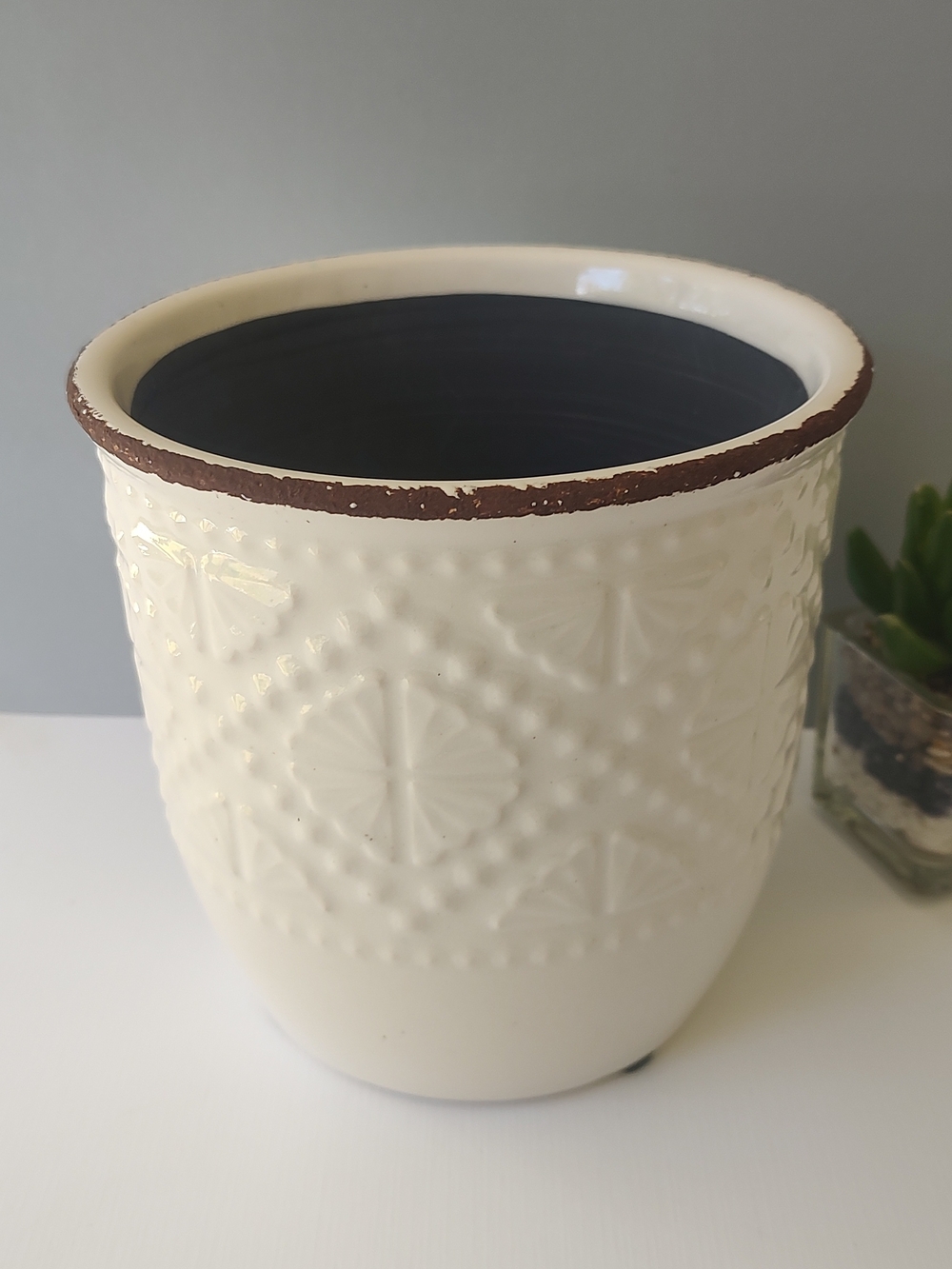 Ceramic Vase Cream Textured with Rustic Rim New - Picture 2 of 12